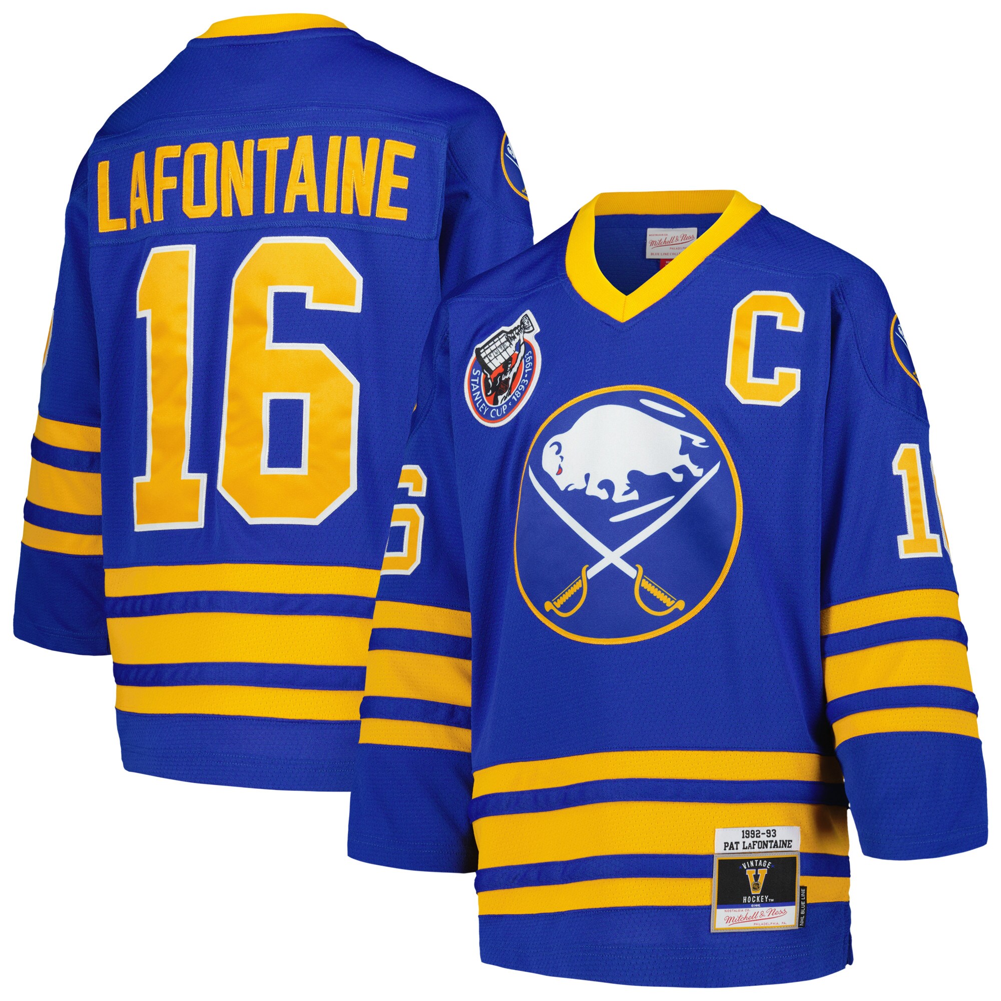 Youth Buffalo Sabres Pat LaFontaine Mitchell & Ness Royal 1992 Blue Line Player Hockey Jersey - JS778 