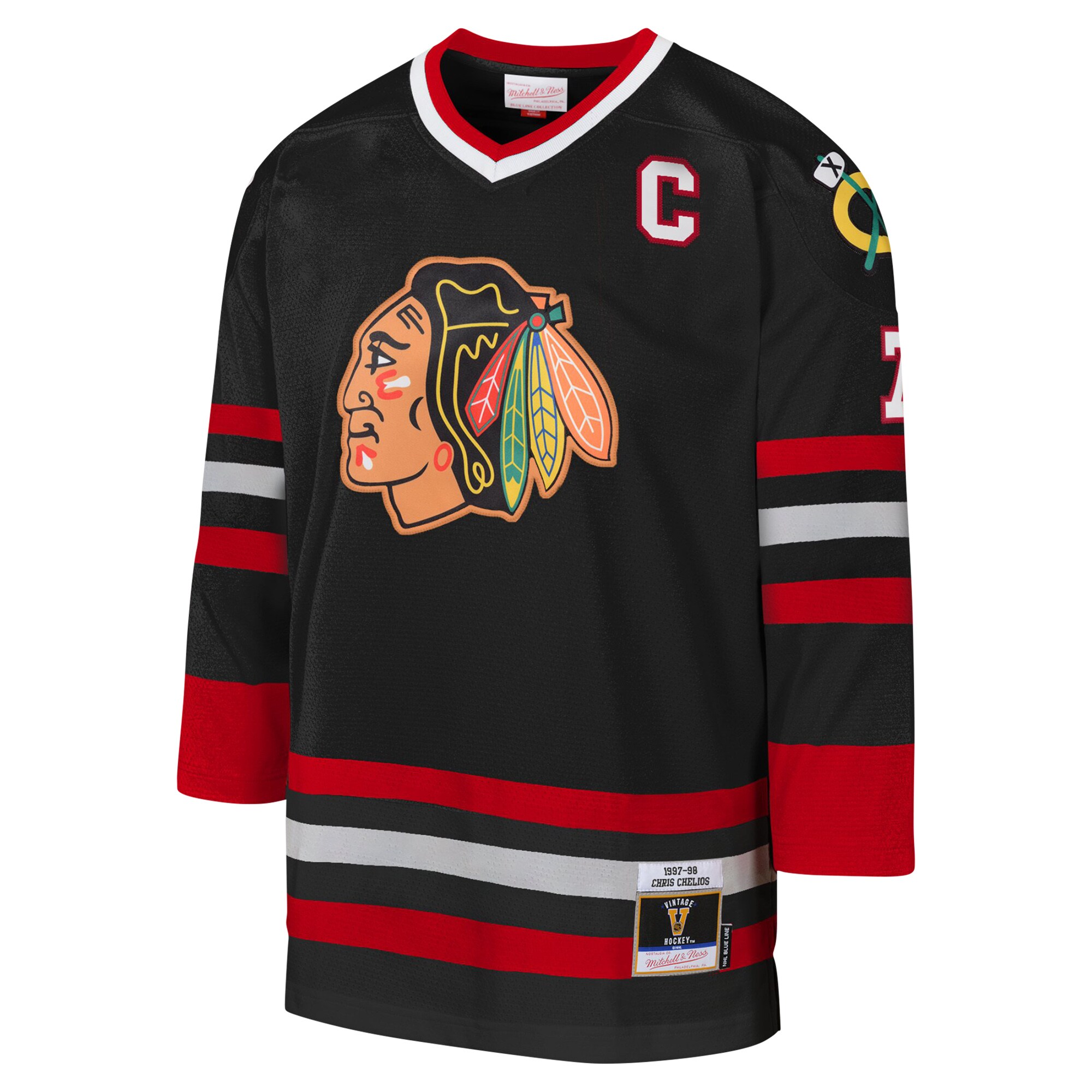 Alternative view of Youth Chicago Blackhawks Chris Chelios Mitchell & Ness Black 1997-98 Blue Line Captain Patch Player Hockey Jersey - JS250 