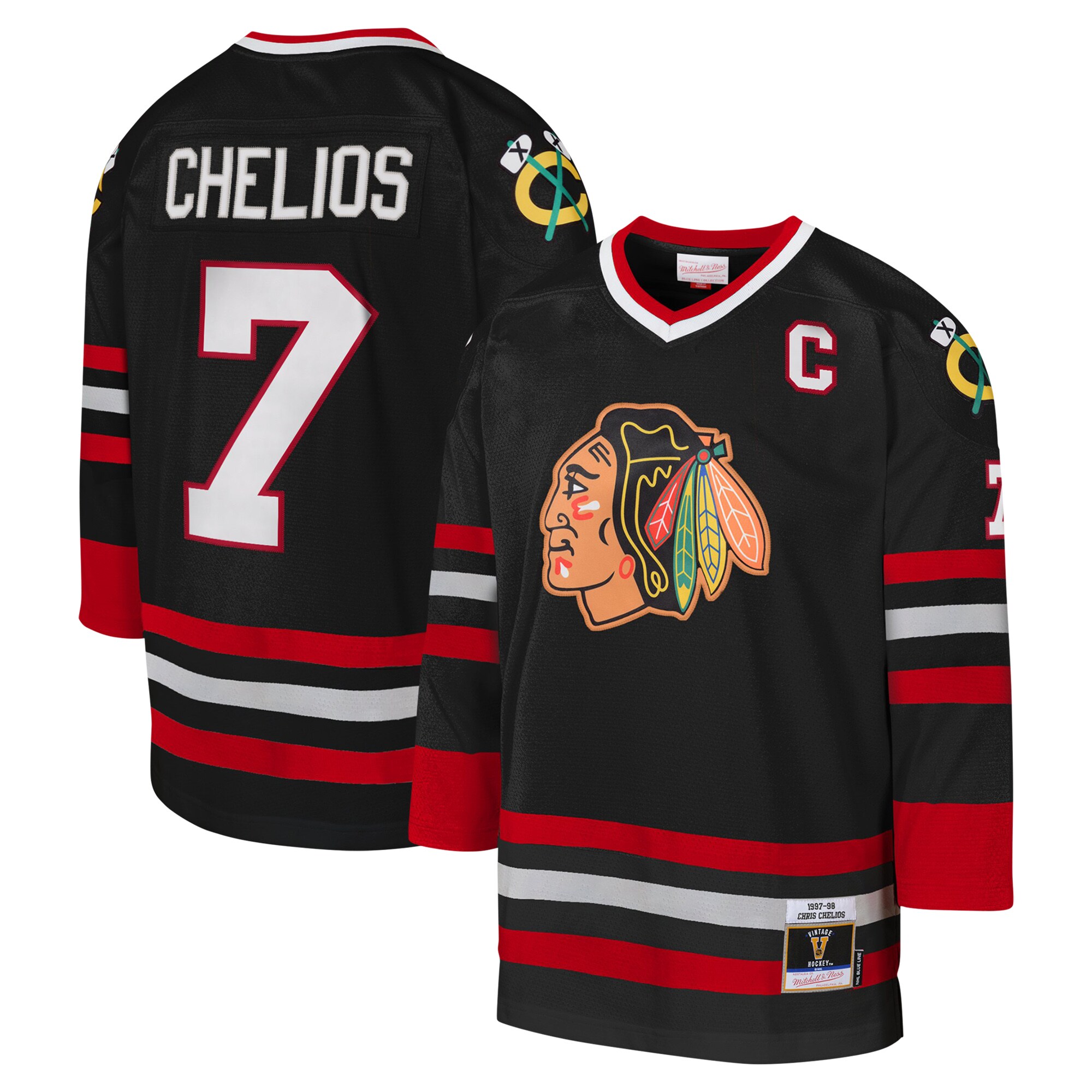 Youth Chicago Blackhawks Chris Chelios Mitchell & Ness Black 1997-98 Blue Line Captain Patch Player Hockey Jersey - JS250 