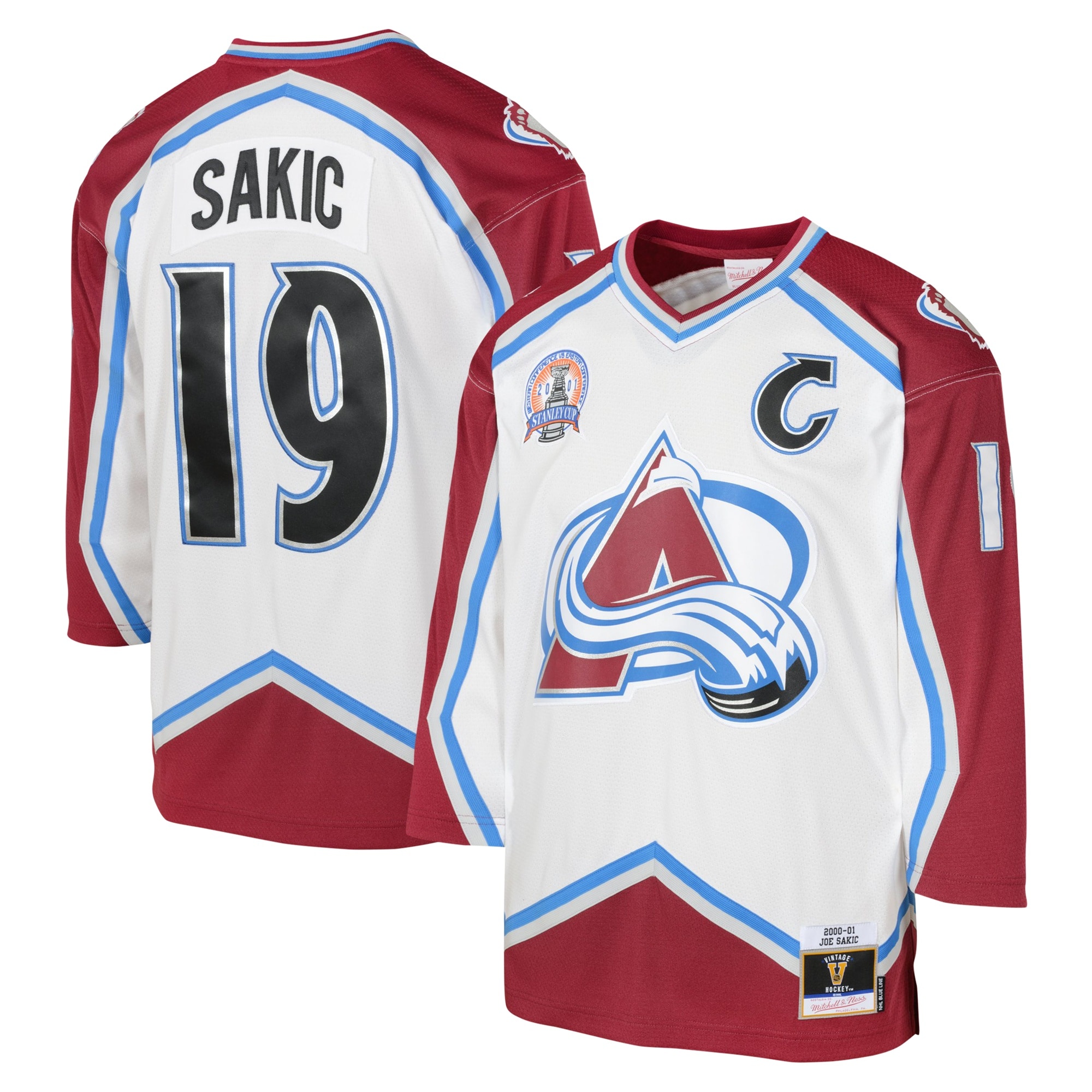 Youth Colorado Avalanche Joe Sakic Mitchell & Ness White 2000 Blue Line Player Hockey Jersey - JS346 