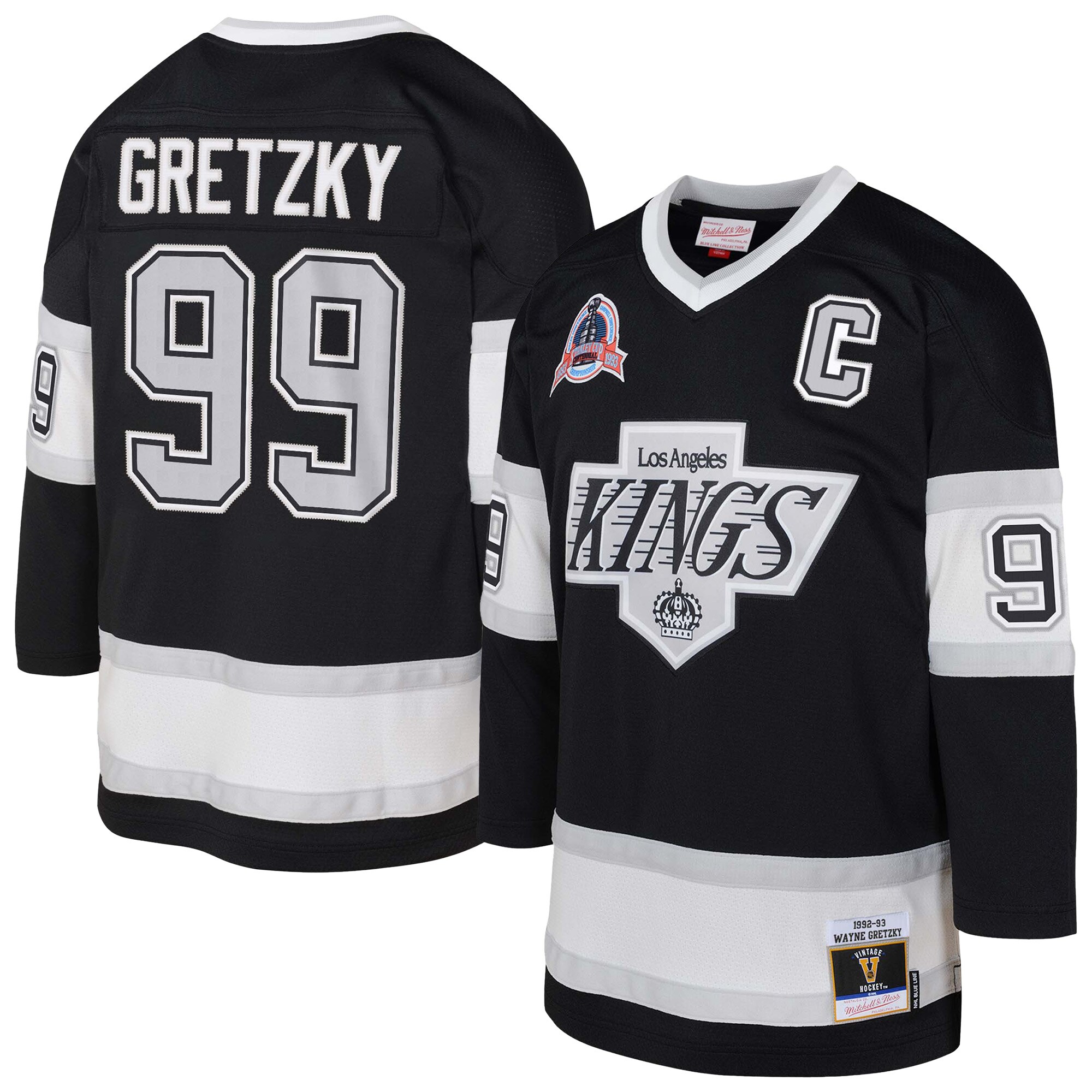 Youth Los Angeles Kings Wayne Gretzky Mitchell & Ness Black 1992/93 Captain Patch Blue Line Player Hockey Jersey - JS480 