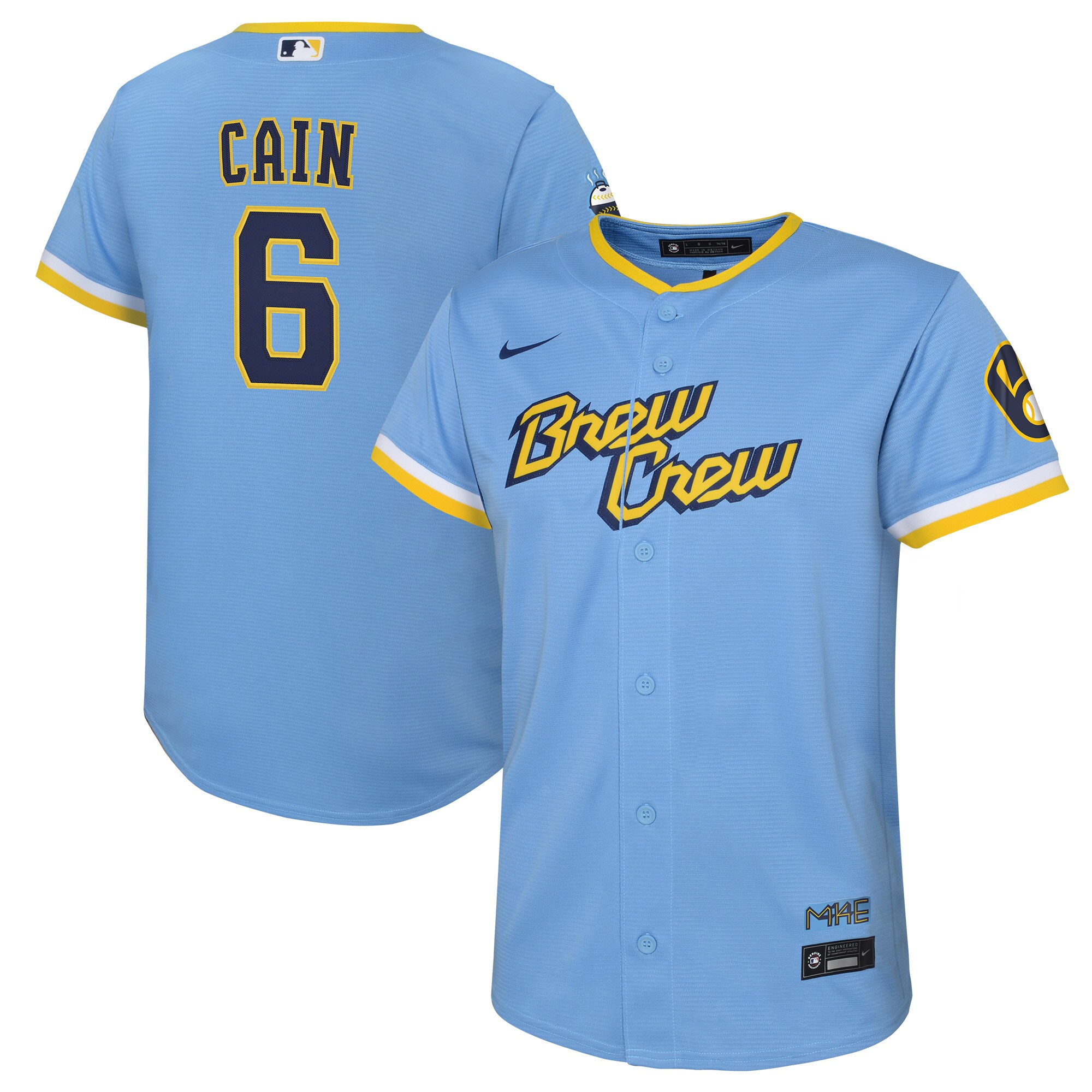Youth Milwaukee Brewers Lorenzo Cain Powder Blue City Connect Player Baseball Jersey 