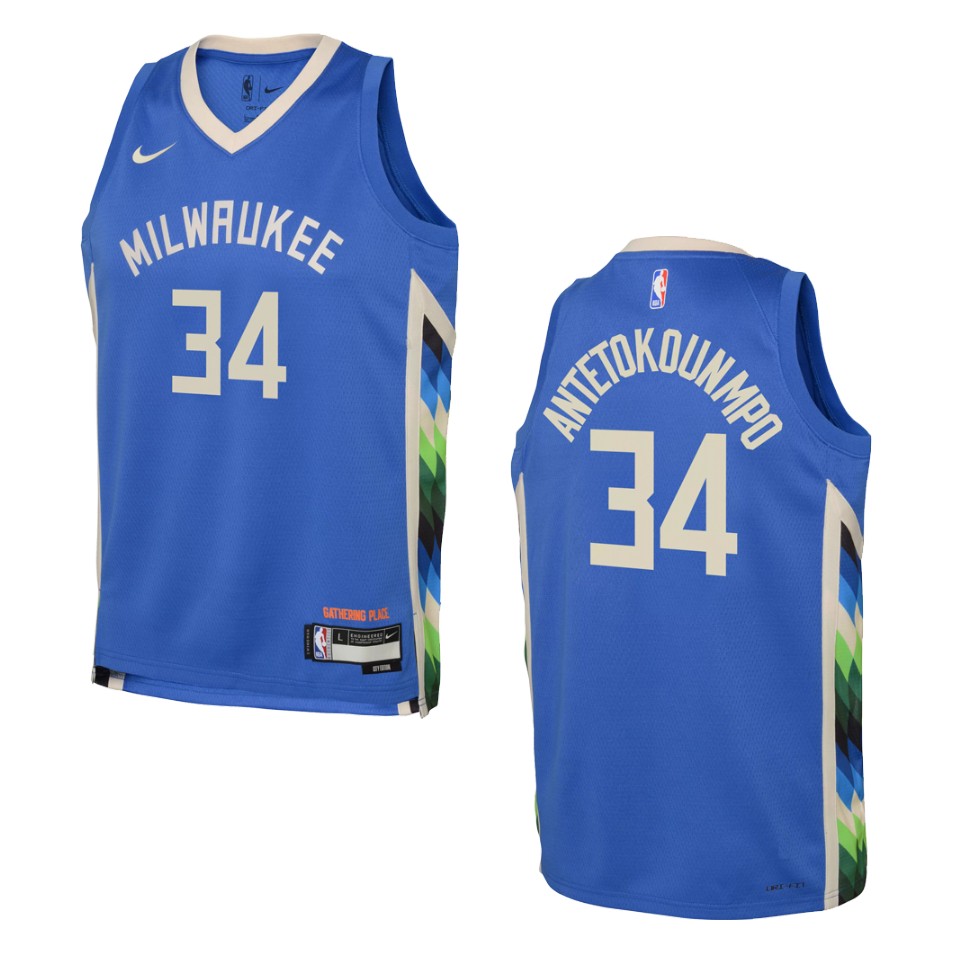 Youth Milwaukee Bucks 2022-23 City Edition Giannis Antetokounmpo Royal Basketball Jersey