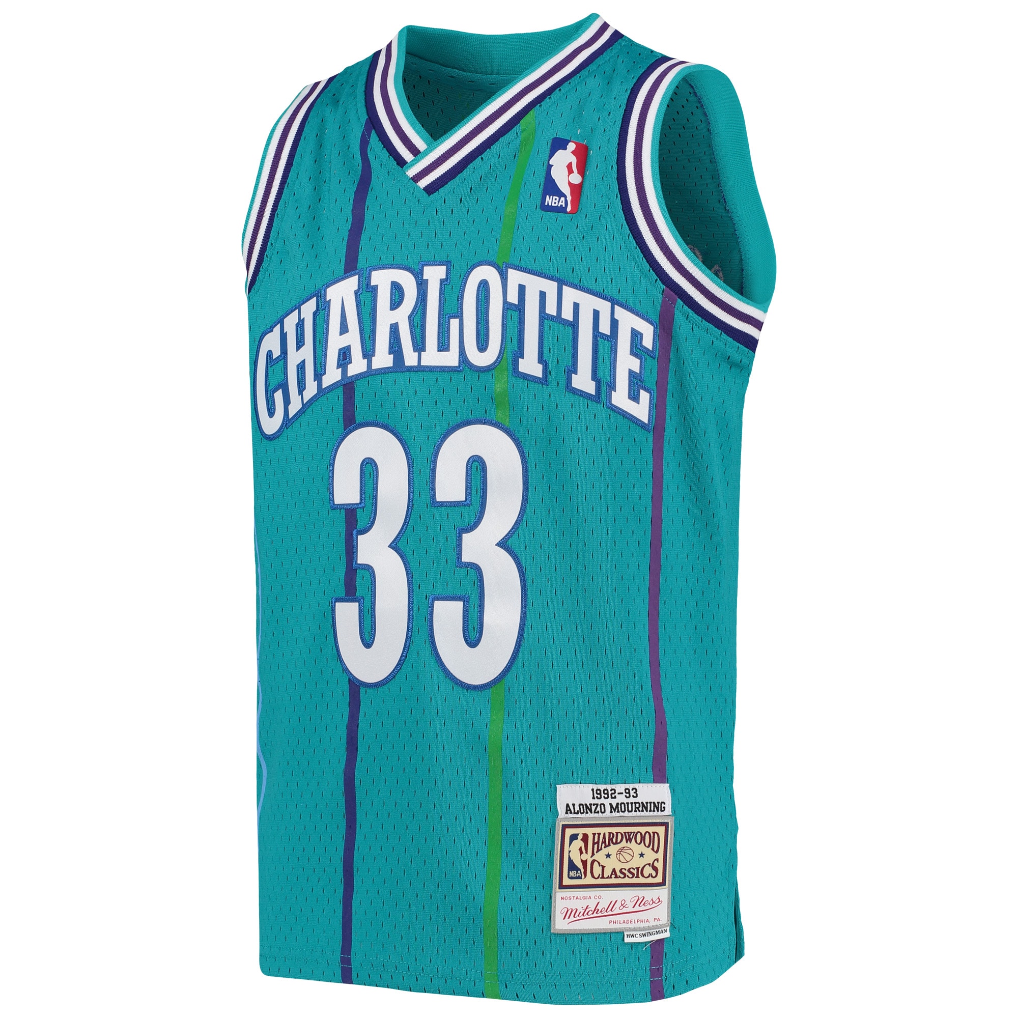 Alternative view of Youth Mitchell & Ness Alonzo Mourning Teal Charlotte Hornets 1992/93 Hardwood Classics Swingman Basketball Jersey - JS779 
