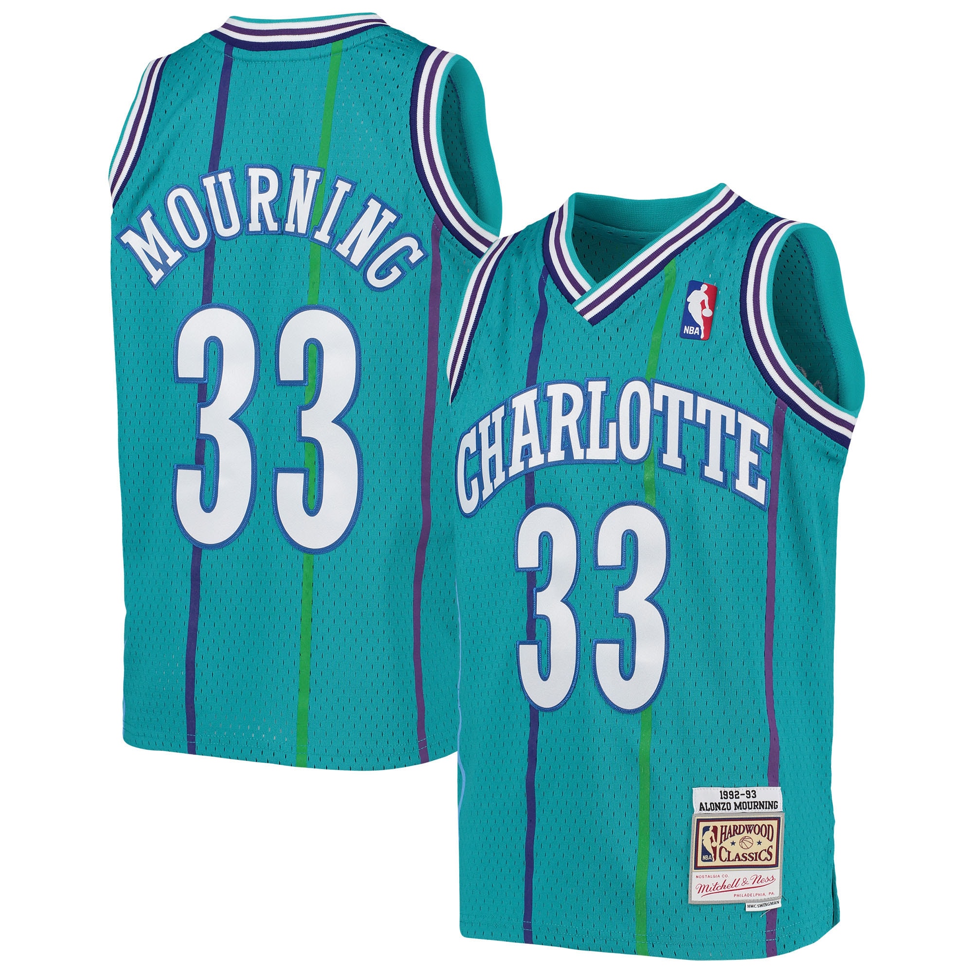 Youth Mitchell & Ness Alonzo Mourning Teal Charlotte Hornets 1992/93 Hardwood Classics Swingman Basketball Jersey - JS779 