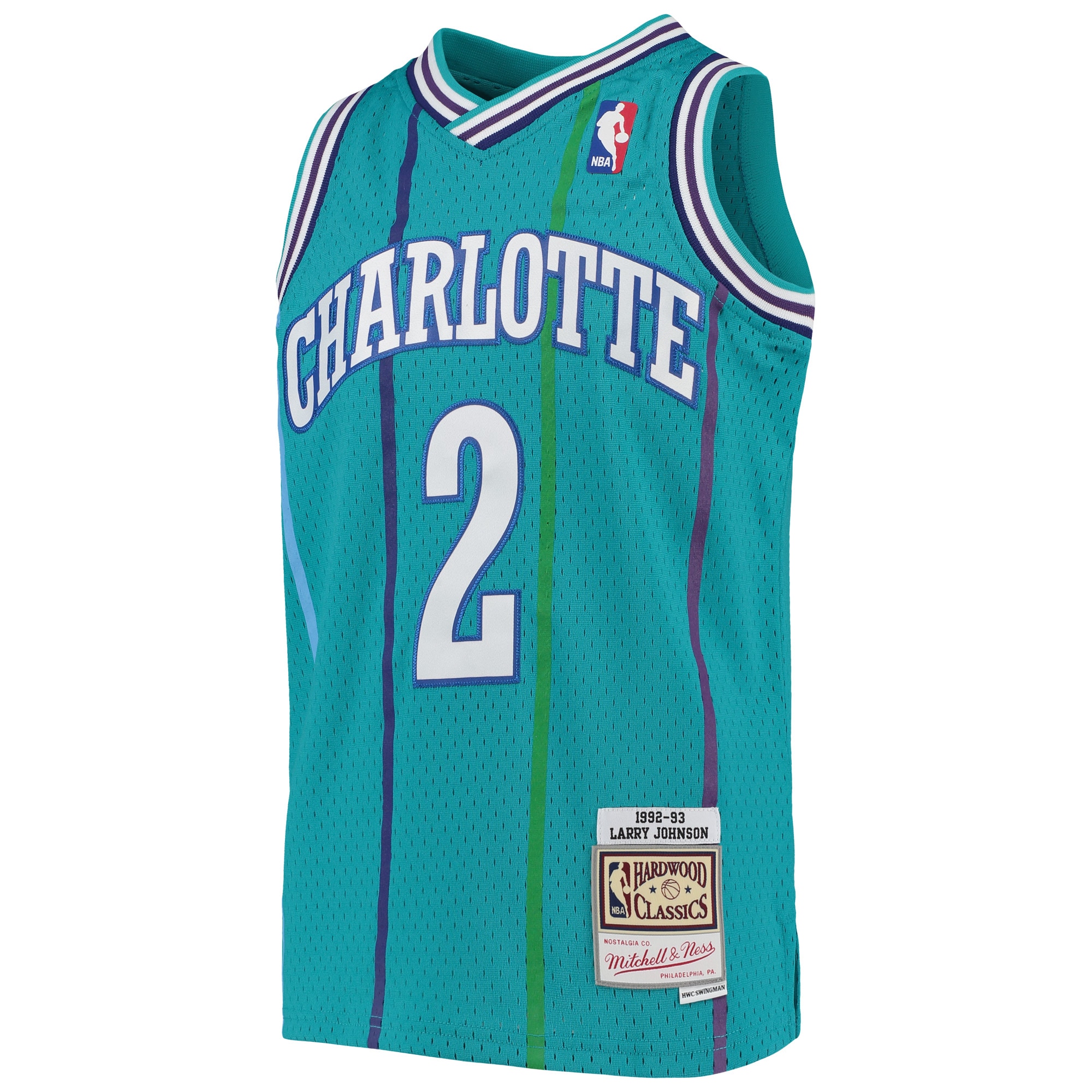 Alternative view of Youth Mitchell & Ness Larry Johnson Teal Charlotte Hornets 1992/93 Hardwood Classics Swingman Basketball Jersey - JS795 