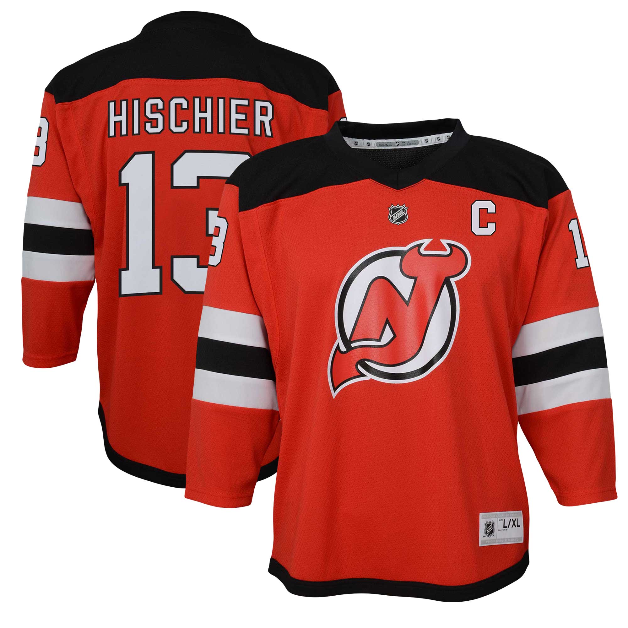 Youth New Hockey Jersey Devils Nico Hischier Red Captain Patch Home Player Hockey Jersey - JS629 
