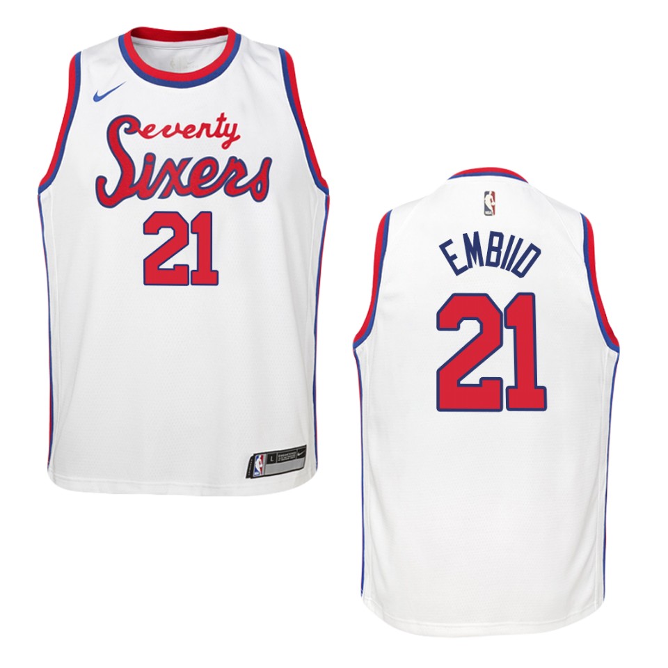 Youth Philadelphia 76ers #21 Joel Embiid Hardwood Classics Swingman Basketball Jersey - White