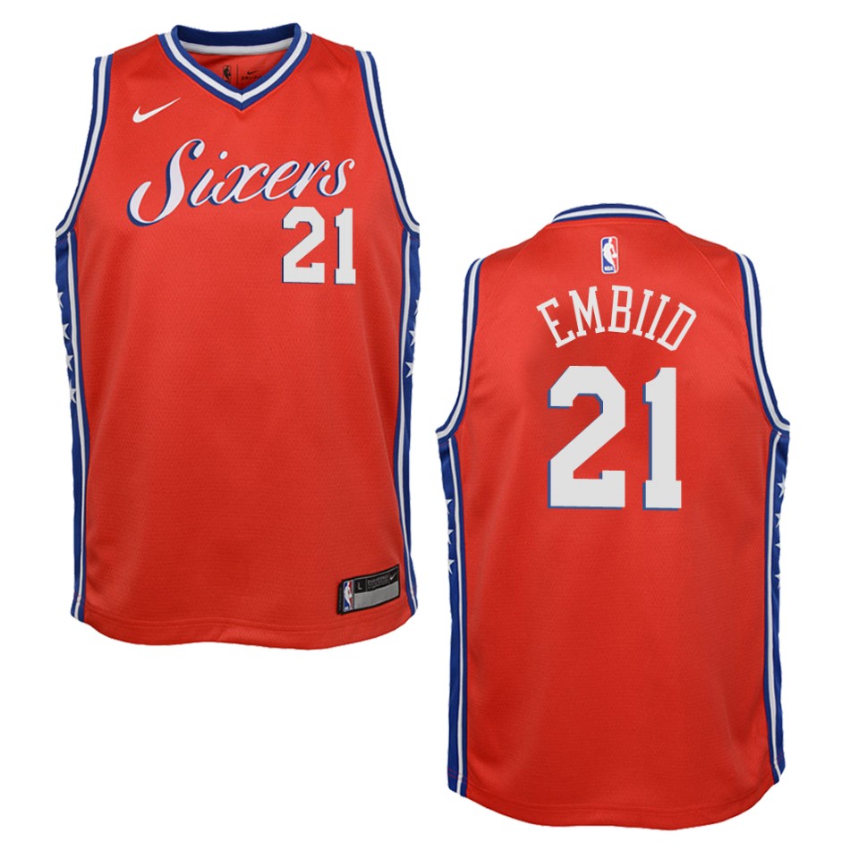 Youth Philadelphia 76ers #21 Joel Embiid Statement Swingman Basketball Jersey - Red