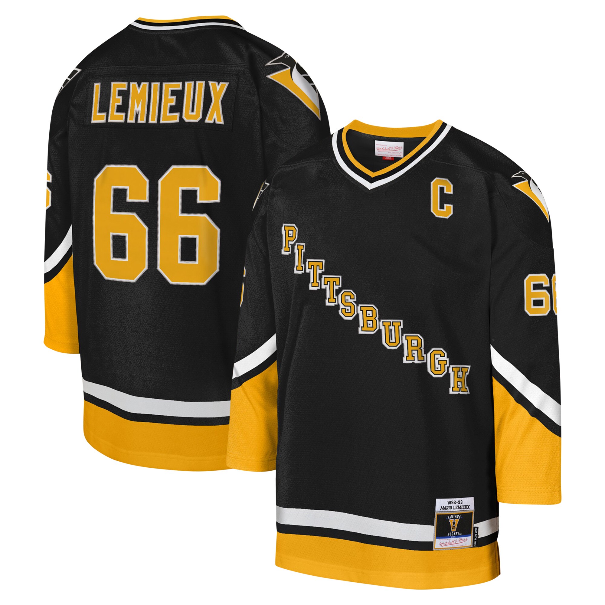 Youth Pittsburgh Penguins Mario Lemieux Mitchell & Ness Black 1992-93 Blue Line Captain Patch Player Hockey Jersey - JS406 