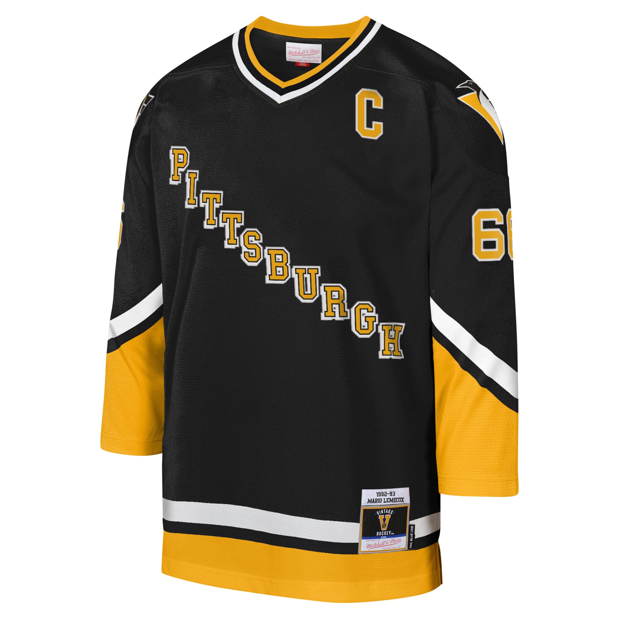 Alternative view of Youth Pittsburgh Penguins Mario Lemieux Mitchell & Ness Black 1992-93 Blue Line Captain Patch Player Hockey Jersey - JS406 