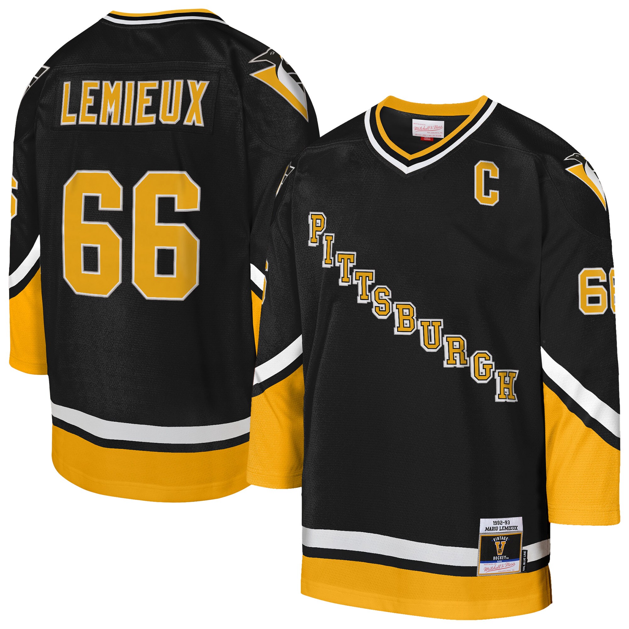 Youth Pittsburgh Penguins Mario Lemieux Mitchell & Ness Gold 1992/93 Captain Patch Blue Line Player Hockey Jersey - JS809 