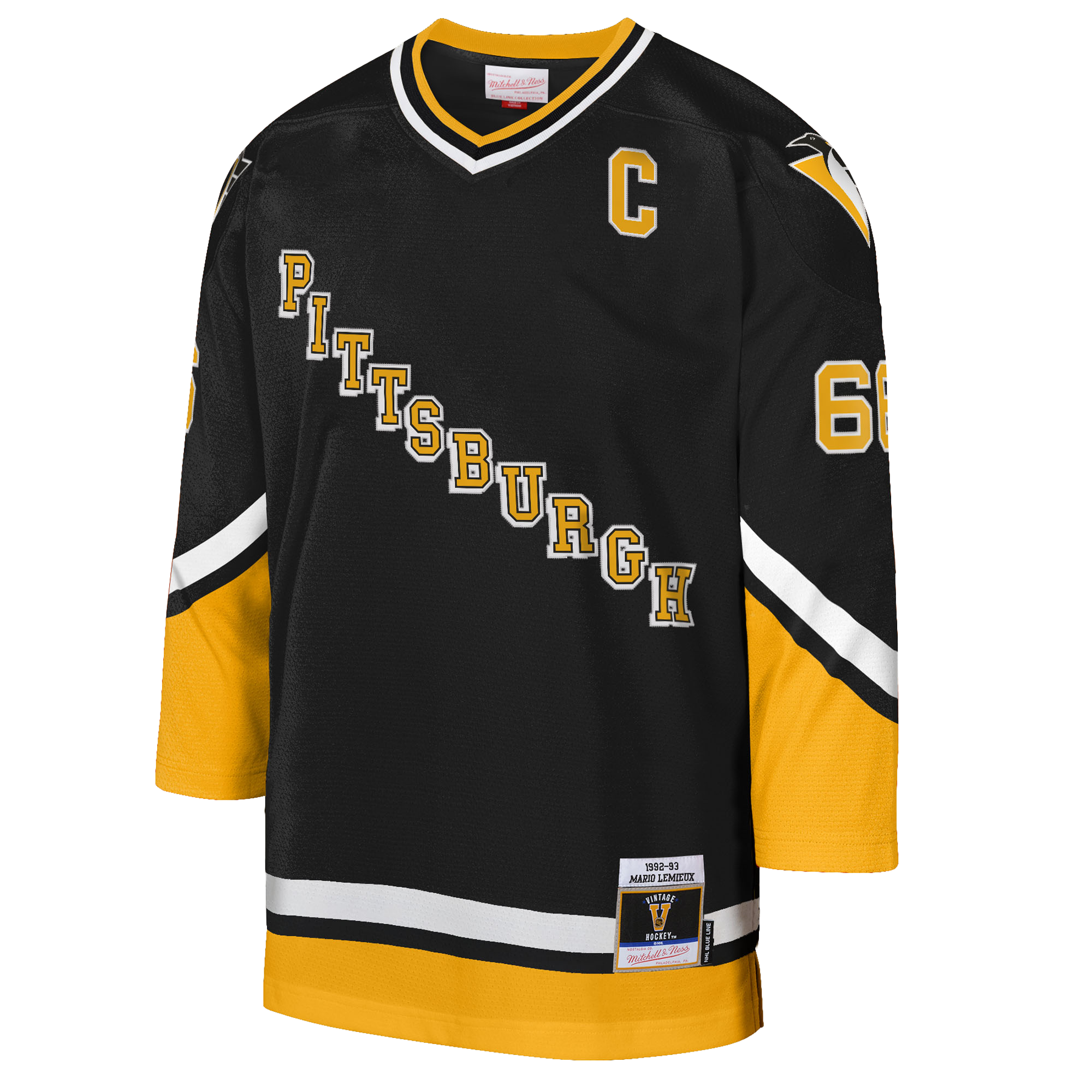 Alternative view of Youth Pittsburgh Penguins Mario Lemieux Mitchell & Ness Gold 1992/93 Captain Patch Blue Line Player Hockey Jersey - JS809 