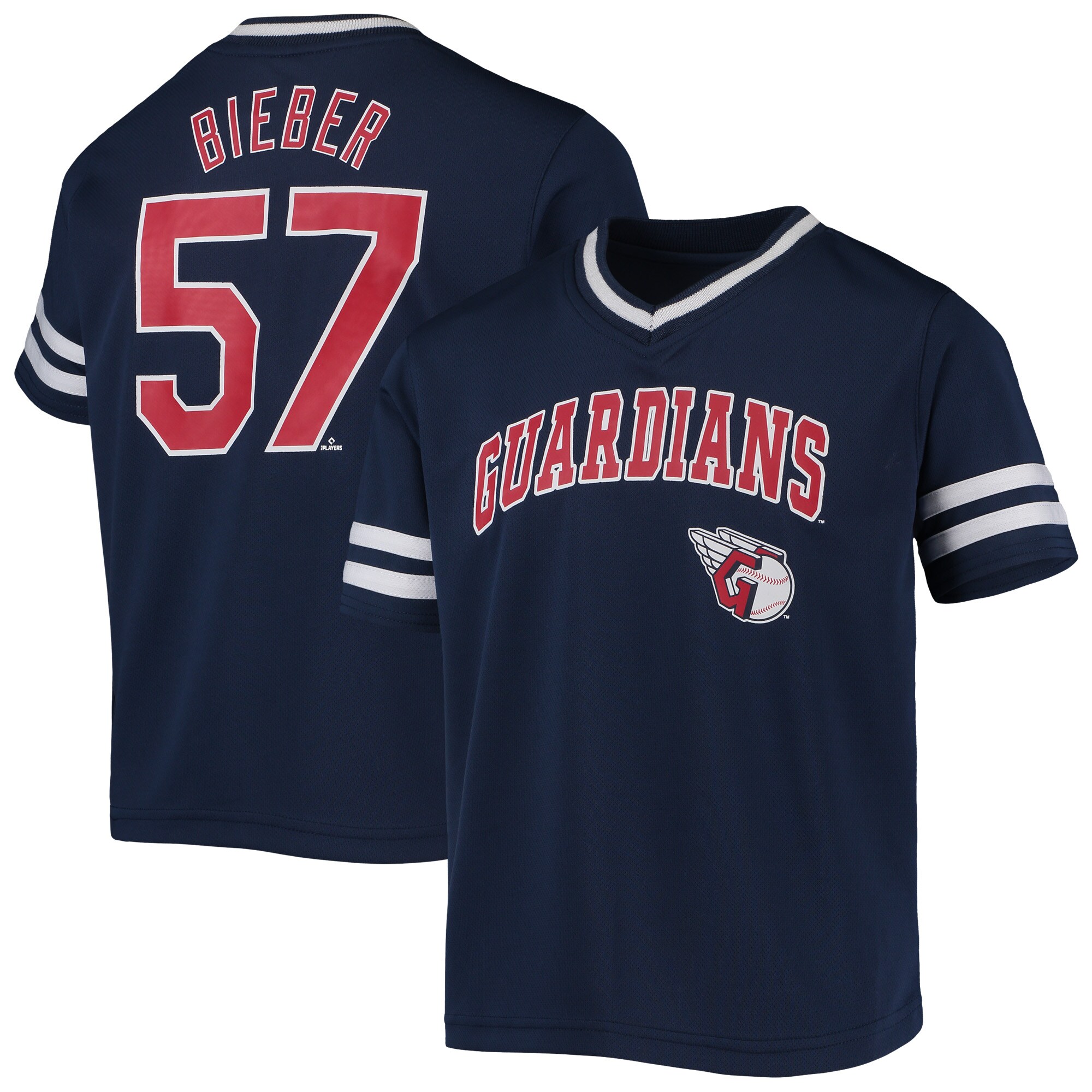 Alternative view of Youth Shane Bieber Navy Cleveland Guardians Player Logo Baseball Jersey