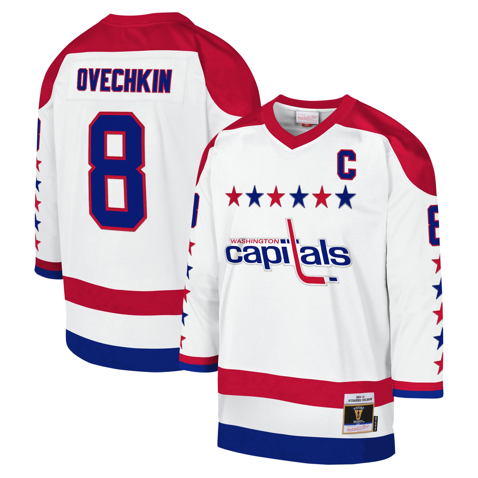 Youth Washington Capitals Alexander Ovechkin Mitchell & Ness White 2012-13 Blue Line Captain Patch Player Hockey Jersey - JS905 