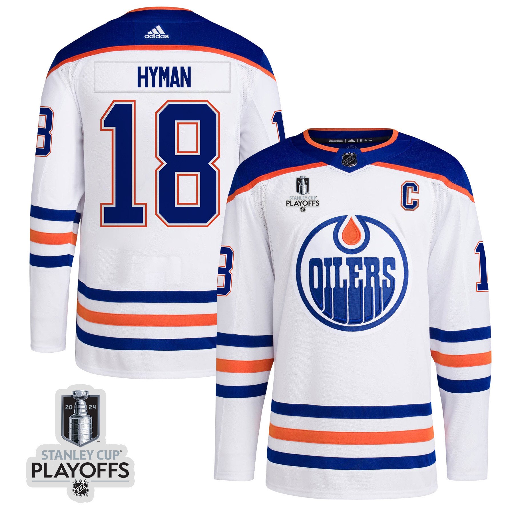 Zach Hyman 18 Edmonton Oilers 2024 NHL Playoffs Patch Away Hockey Jersey - Men, White - JS625 