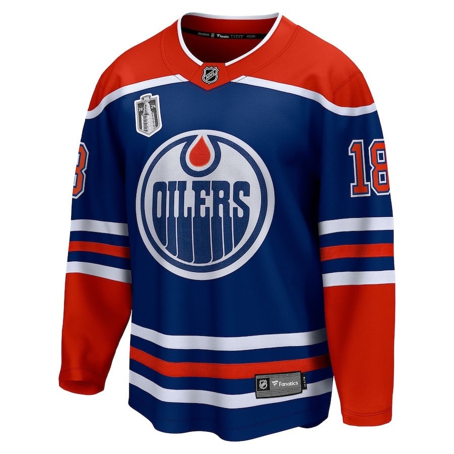 Alternative view of Zach Hyman 18 Edmonton Oilers 2024 Stanley Cup Final Home Breakaway Player Hockey Jersey - Royal - JS677 