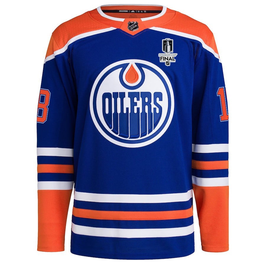 Alternative view of Zach Hyman 18 Edmonton Oilers 2024 STANLEY CUP Final Home Primegreen Hockey Jersey - Men, Royal - JS272 