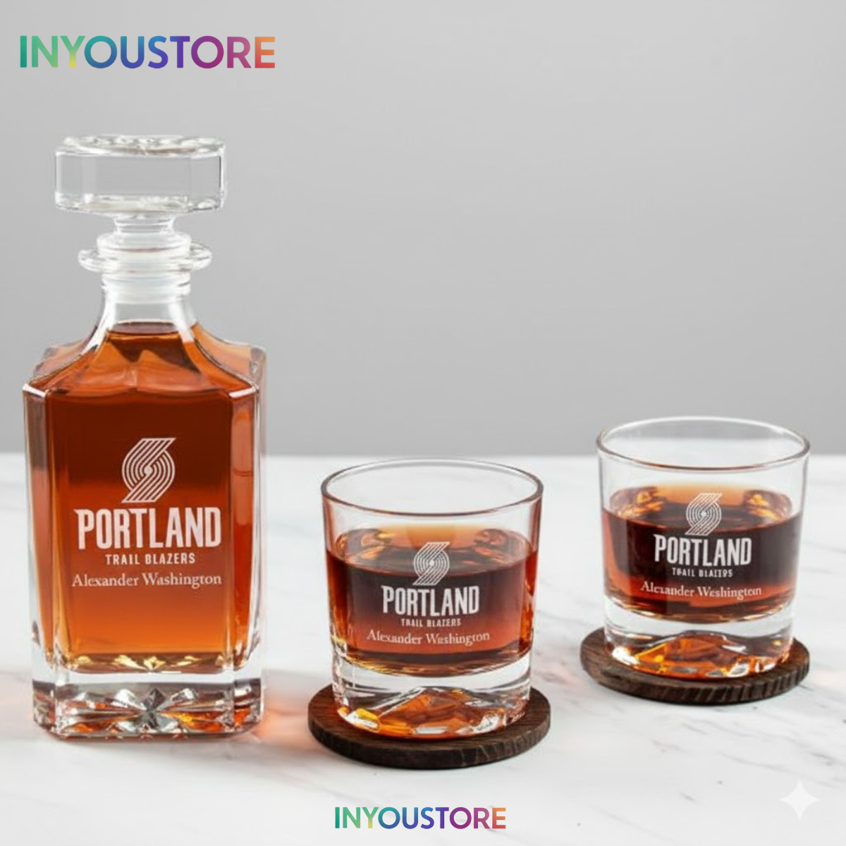Men's Portland Trailblazers NBA Custom Engraved Whiskey Decanter Gift Set Glassware Clear One Size - Image 3