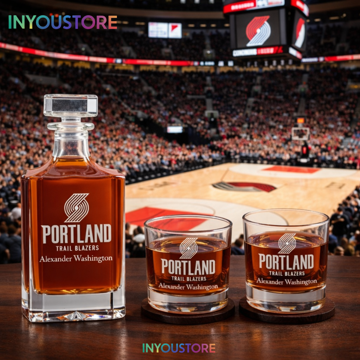 Men's Portland Trailblazers NBA Custom Engraved Whiskey Decanter Gift Set Glassware Clear One Size