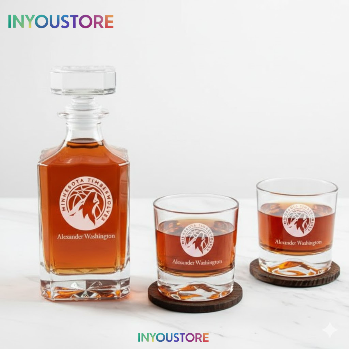 Men's Minnesota Timberwolves NBA Custom Engraved Whiskey Decanter Gift Set Glassware Clear One Size - Image 3
