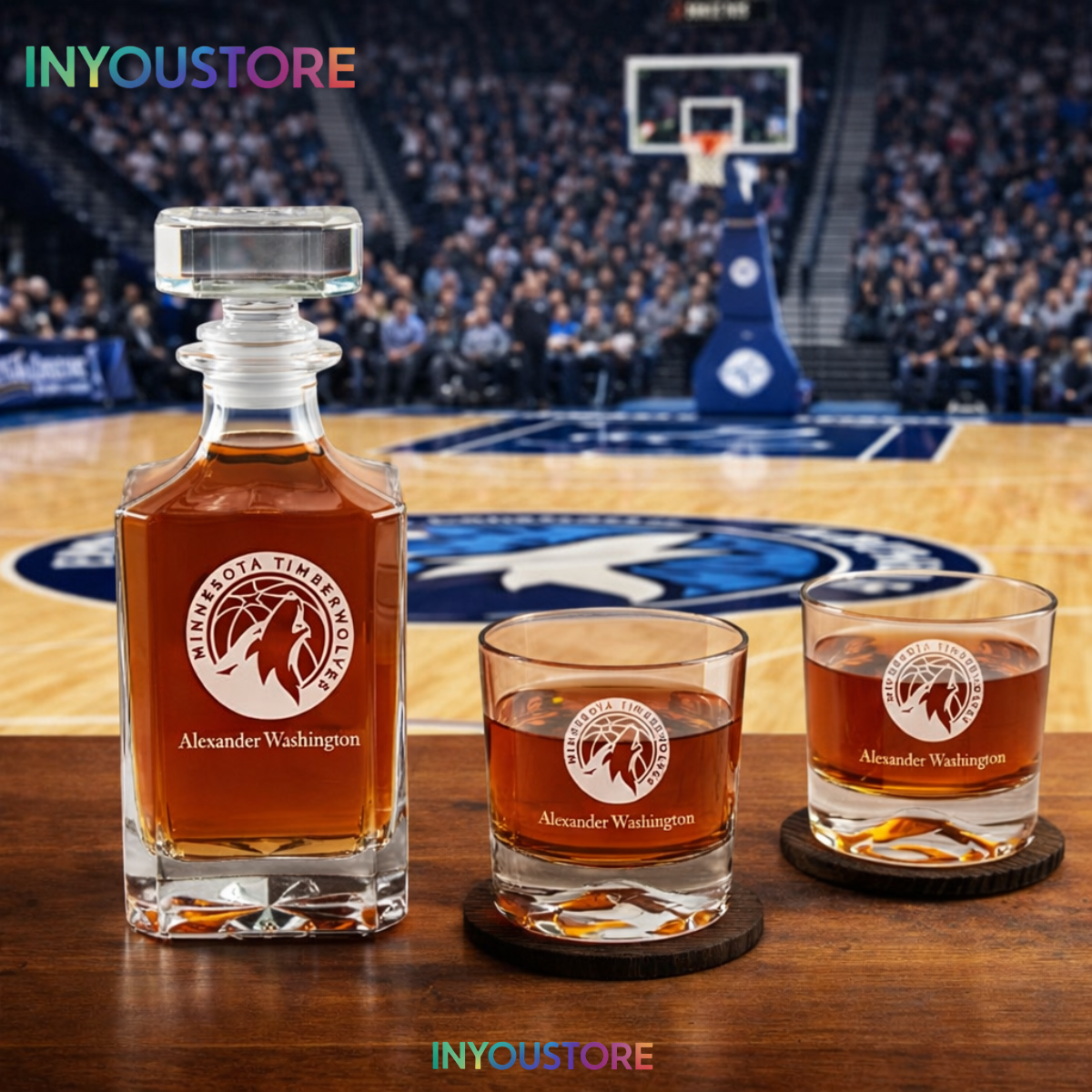 Men's Minnesota Timberwolves NBA Custom Engraved Whiskey Decanter Gift Set Glassware Clear One Size