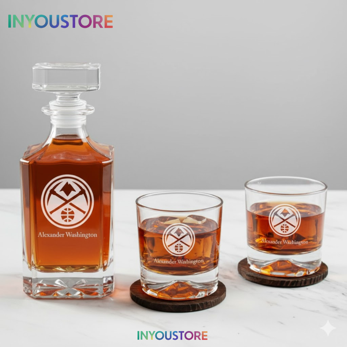 Men's Denver Nuggets NBA Custom Engraved Whiskey Decanter Gift Set Glassware Clear One Size