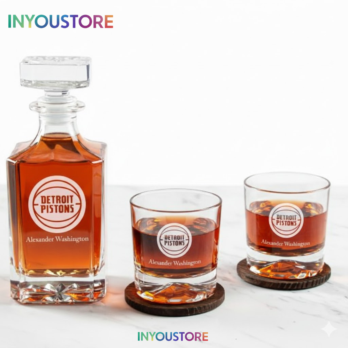 Men's Detroit Pistons NBA Custom Engraved Whiskey Decanter Gift Set Glassware Clear One Size