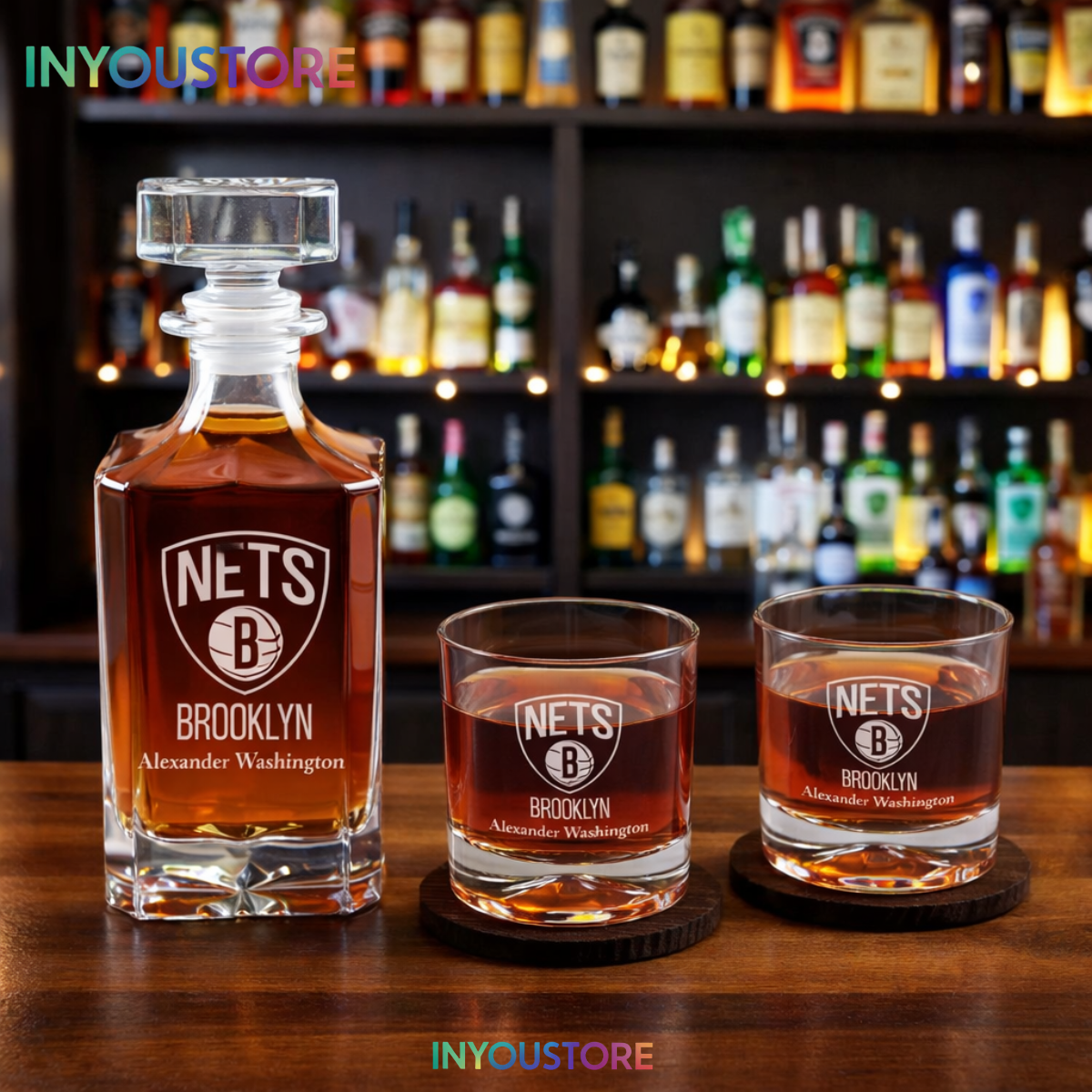 Men's Brooklyn Nets NBA Custom Engraved Whiskey Decanter Gift Set Glassware Clear One Size - Image 3