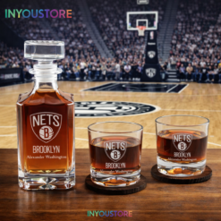 Men's Brooklyn Nets NBA Custom Engraved Whiskey Decanter Gift Set Glassware Clear One Size