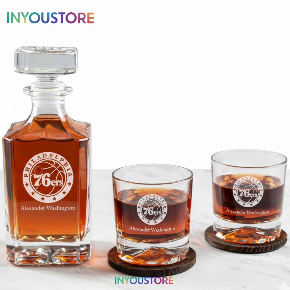 Men's Philadelphia 76ers NBA Custom Engraved Whiskey Decanter Gift Set Glassware Clear One Size - Image 3