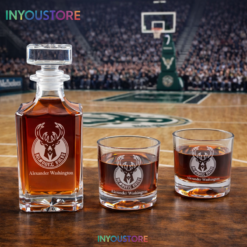 Men's Milwaukee Bucks NBA Custom Engraved Whiskey Decanter Gift Set Glassware Clear One Size