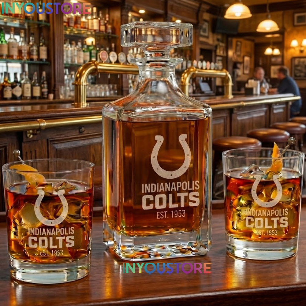 Indianapolis Colts Custom Decanter Set with 2 Whiskey Glasses Etched Glassware Kit Est. 1953 NFL Fan Gift - Image 3