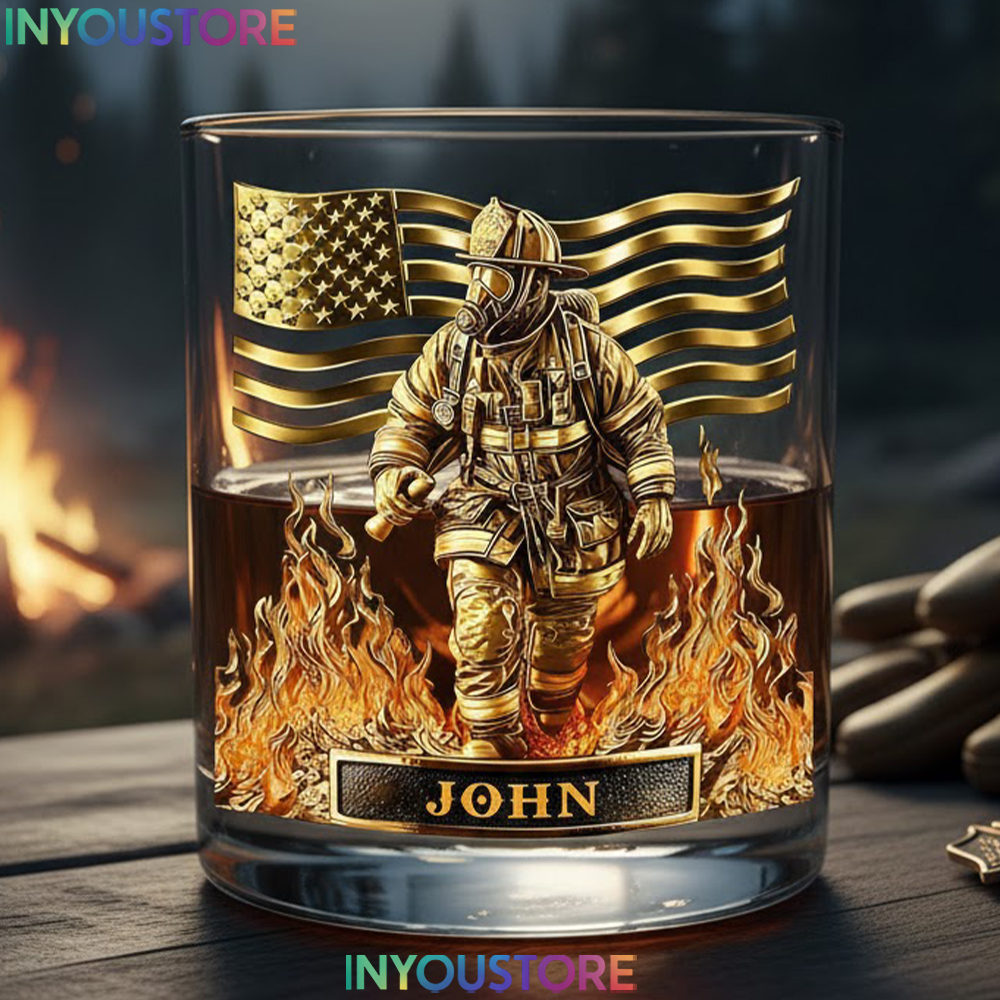 Personalized Firefighter American Flag Whiskey Glass - Custom Fireman Name Rocks Glass