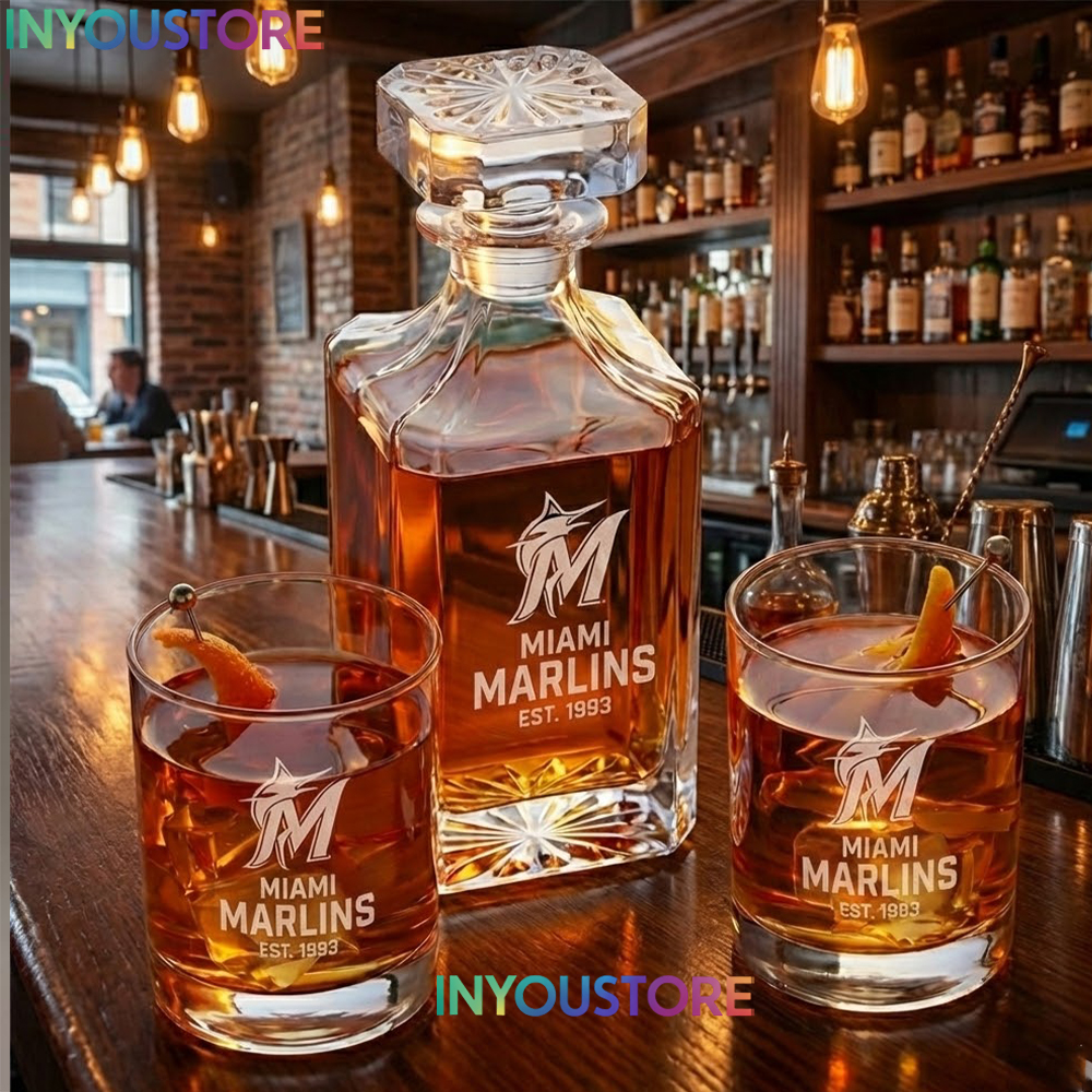Miami Marlins Custom Decanter Set with 2 Whiskey Glasses Etched Glassware Kit Est. 1993 MLB Fan Gift - Image 3