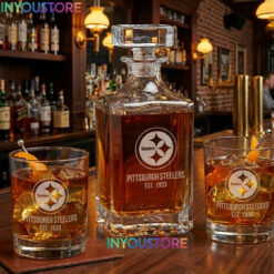 Pittsburgh Steelers Custom Decanter Set with 2 Whiskey Glasses Etched Glassware Kit Est. 1933 NFL Fan Gift