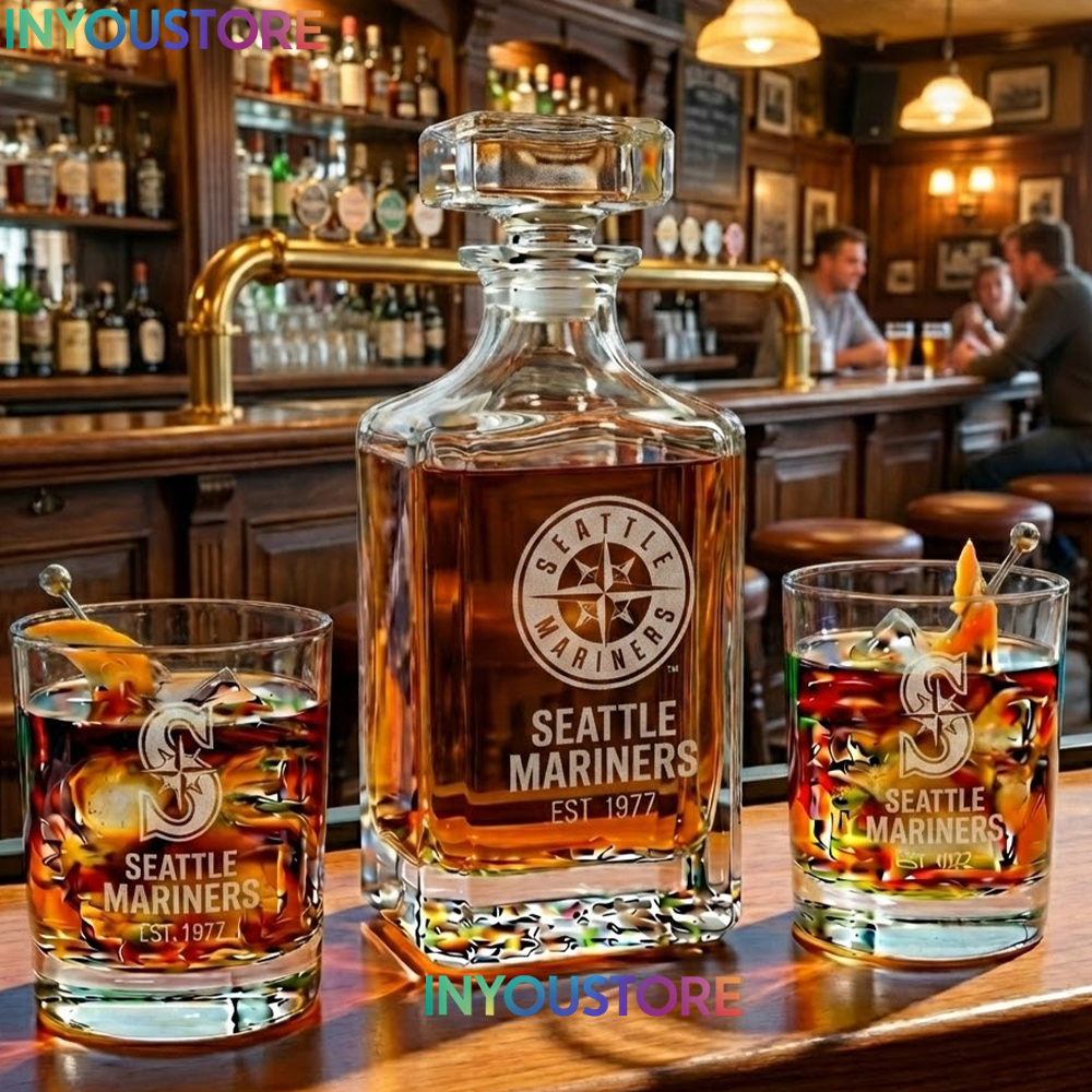 Seattle Mariners Custom Decanter Set with 2 Whiskey Glasses Etched Glassware Kit Est. 1977 MLB Fan Gift - Image 3