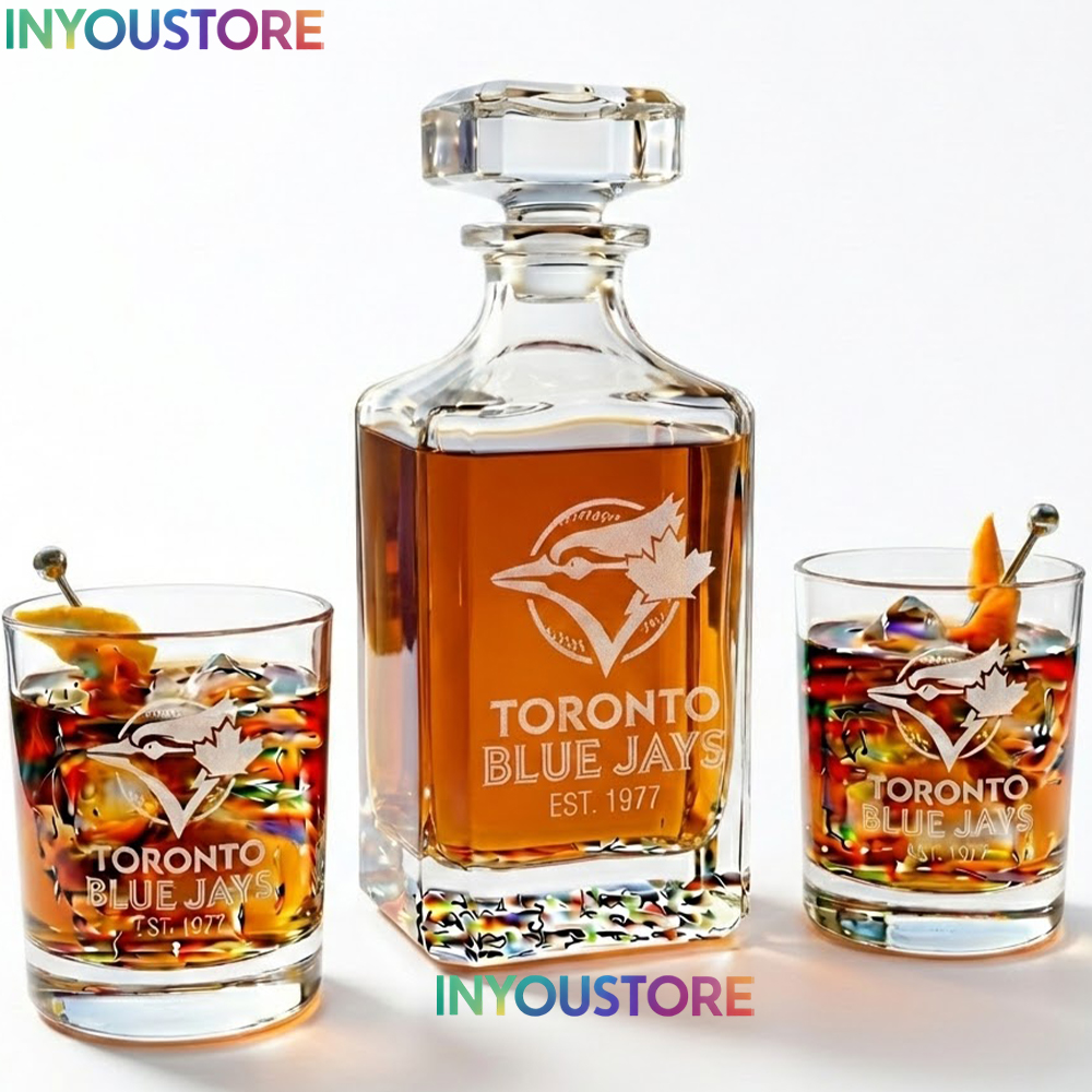 Toronto Blue Jays Custom Decanter Set with 2 Whiskey Glasses Etched Glassware Kit Est. 1977 MLB Fan Gift - Image 4