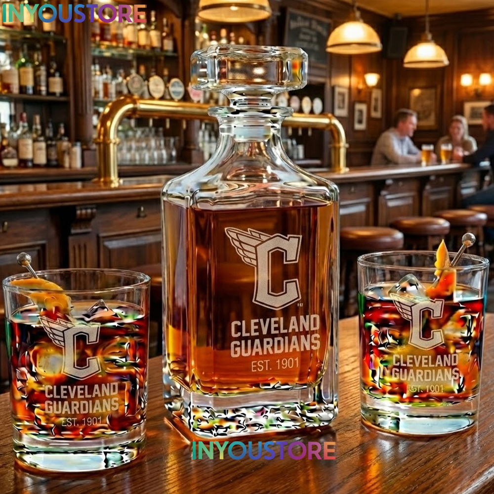 Cleveland Guardians Custom Decanter Set with 2 Whiskey Glasses Etched Glassware Kit Est. 1901 MLB Fan Gift - Image 3