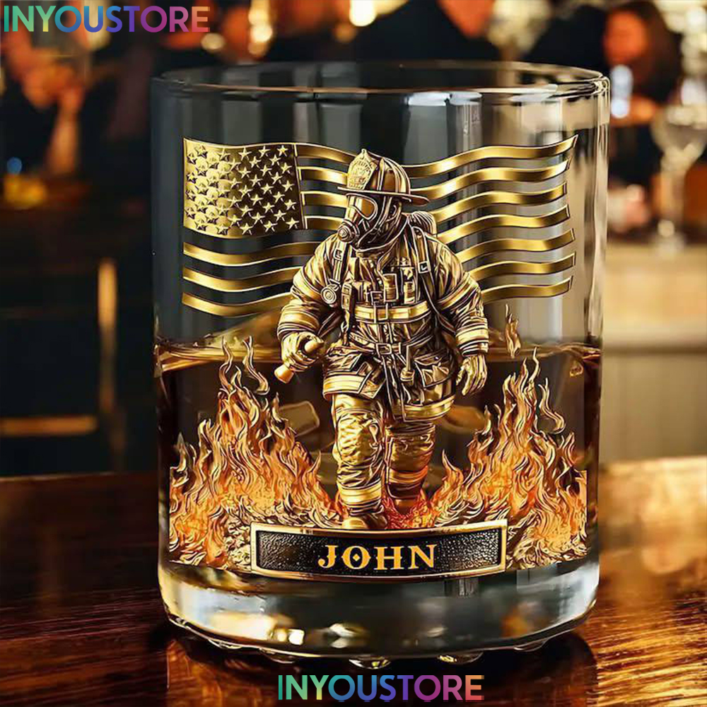 Personalized Firefighter American Flag Whiskey Glass - Custom Fireman Name Rocks Glass - Image 3