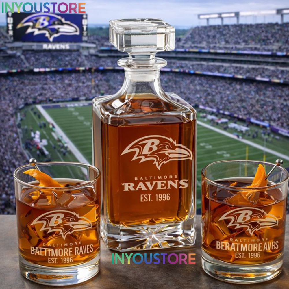 Baltimore Ravens Custom Decanter Set with 2 Whiskey Glasses Etched Glassware Kit Est. 1996 NFL Fan Gift