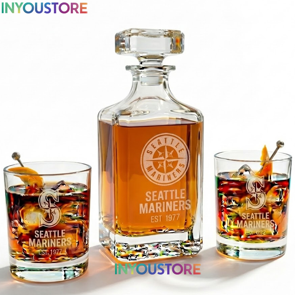 Seattle Mariners Custom Decanter Set with 2 Whiskey Glasses Etched Glassware Kit Est. 1977 MLB Fan Gift - Image 4