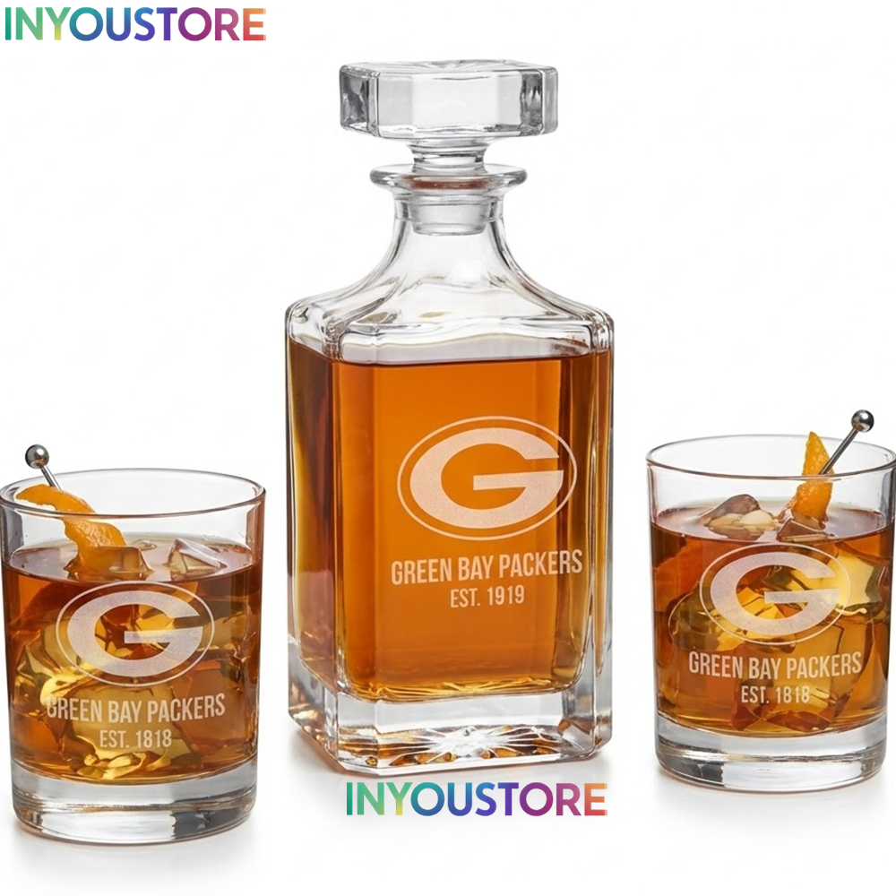 Green Bay Packers Custom Decanter Set with 2 Whiskey Glasses Etched Glassware Kit Est. 1919 NFL Fan Gift - Image 3