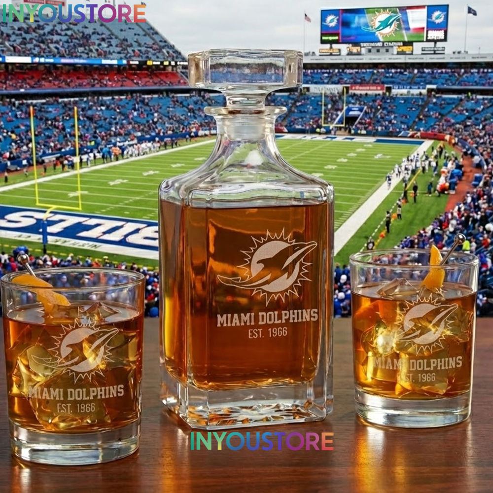 Miami Dolphins Custom Decanter Set with 2 Whiskey Glasses Etched Glassware Kit Est. 1960 NFL Fan Gift
