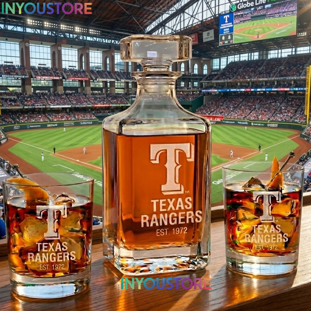 Texas Rangers Custom Decanter Set with 2 Whiskey Glasses Etched Glassware Kit Est. 1961 MLB Fan Gift
