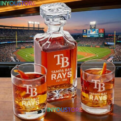 Tampa Bay Rays Custom Decanter Set with 2 Whiskey Glasses Etched Glassware Kit Est. 1998 MLB Fan Gift