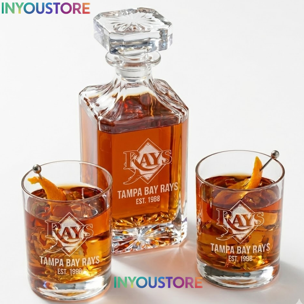 Tampa Bay Rays Custom Decanter Set with 2 Whiskey Glasses Etched Glassware Kit Est. 1998 MLB Fan Gift - Image 3