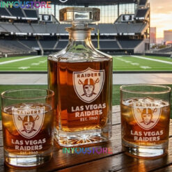 Las Vegas Raiders Custom Decanter Set with 2 Whiskey Glasses Etched Glassware Kit Est. 1960 NFL Fan Gift