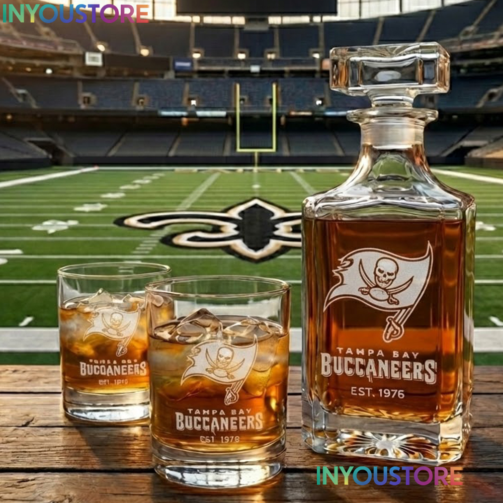 Tampa Bay Buccaneers Custom Decanter Set with 2 Whiskey Glasses Etched Glassware Kit Est. 1976 NFL Fan Gift