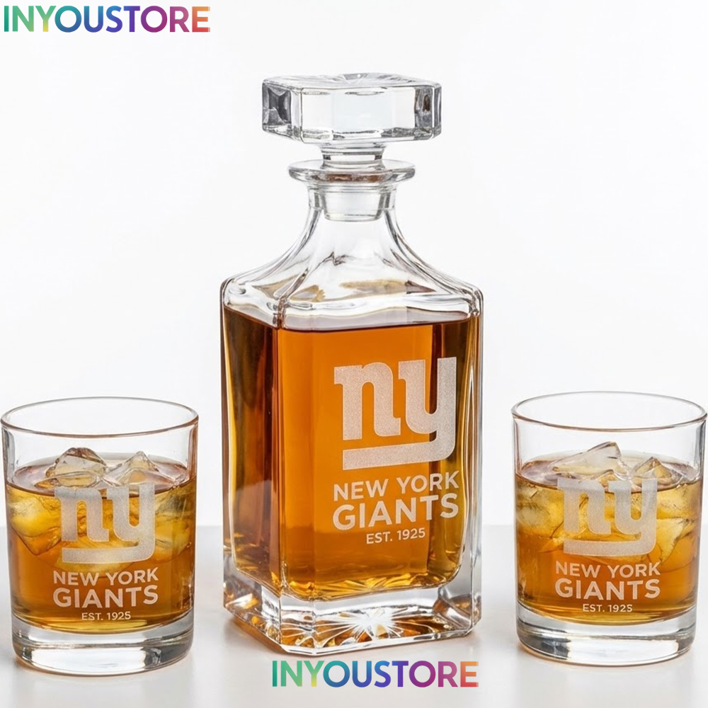 New York Giants Custom Decanter Set with 2 Whiskey Glasses Etched Glassware Kit Est. 1925 NFL Fan Gift - Image 4